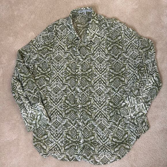 Zara Flowy Lightweight Green and White Abstract Print Long Sleeve Blouse - Picture 5 of 12